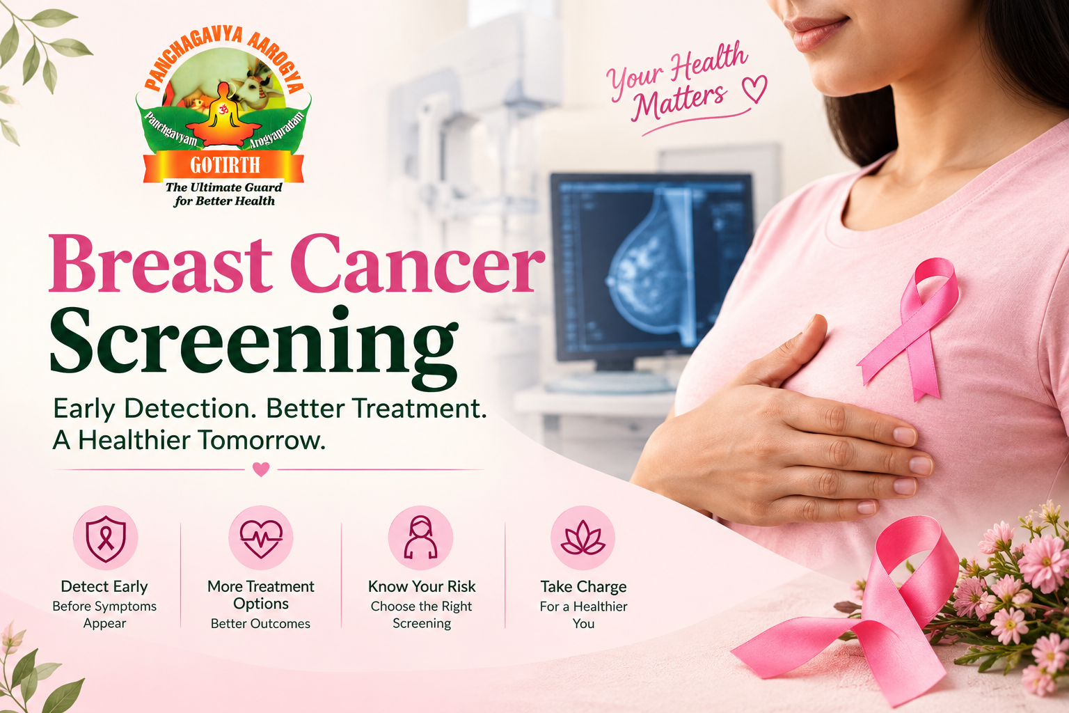 **Alt Text:** “Breast cancer screening awareness with pink ribbon, mammography imaging, and early detection message by Gotirth”