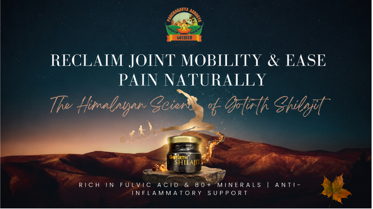 An aesthetic promotional poster with a starry Himalayan mountain background, featuring a jar of Gotirth Shilajit and a flexible figure, highlighting joint mobility and natural pain relief.