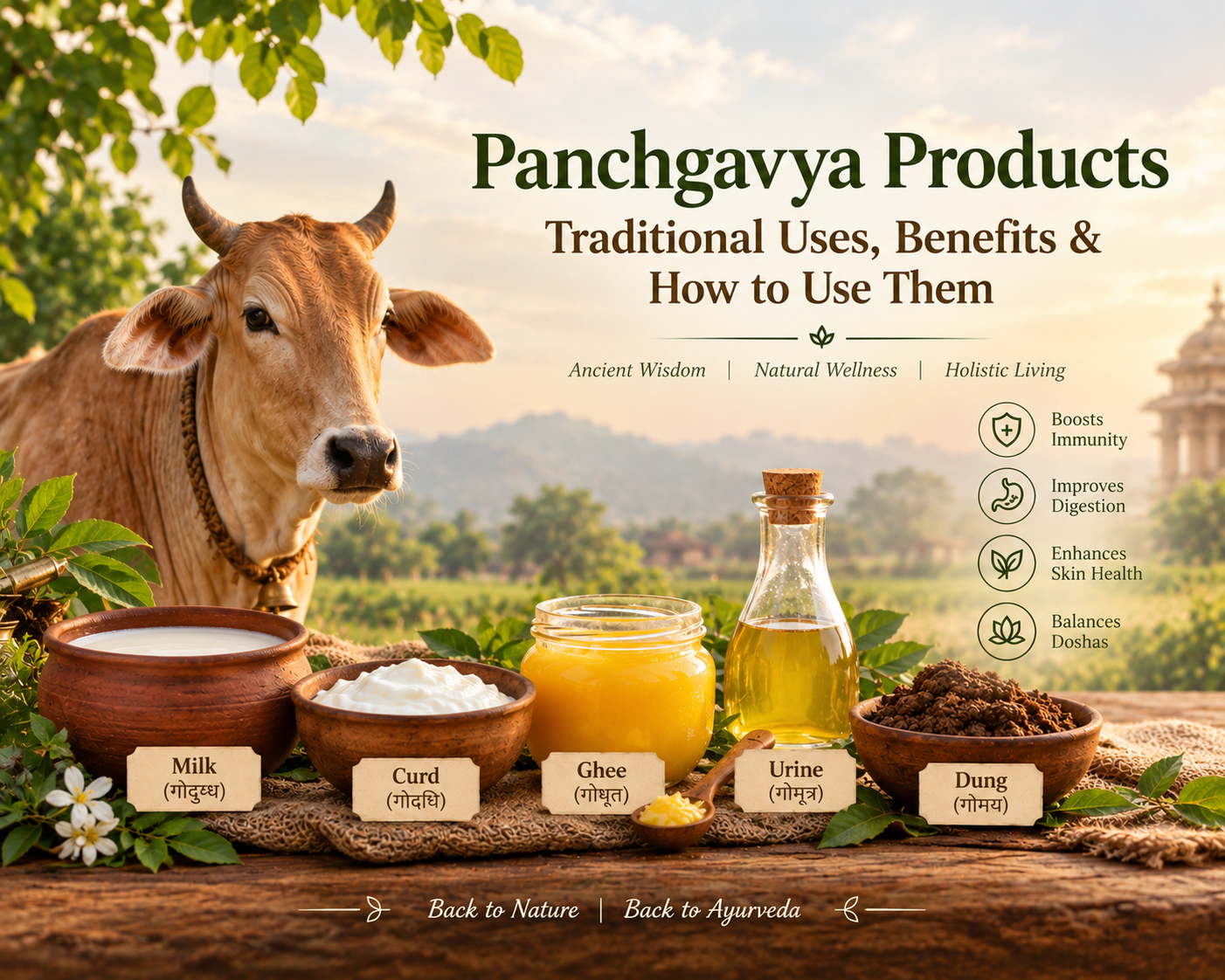 Panchgavya products including cow milk, curd, ghee, urine, and dung displayed with an Indian cow in a natural rural setting, illustrating traditional Ayurvedic uses and wellness practices.